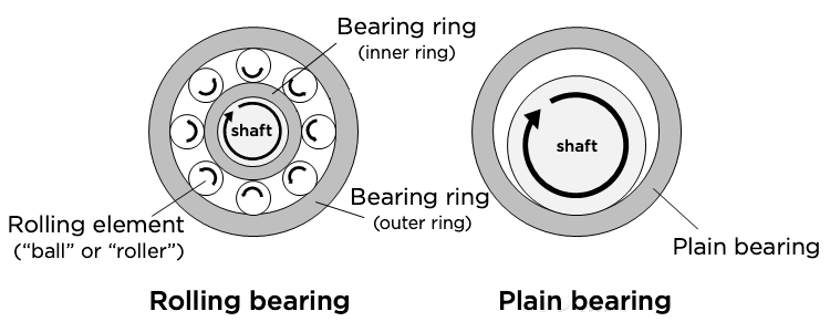 The structures of a rolling bearing and a plain bearing